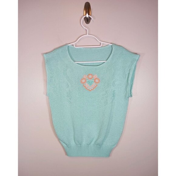 Floral Embroidered Grandpacore Sweater Vest Blue Women's One Size - Picture 1 of 3